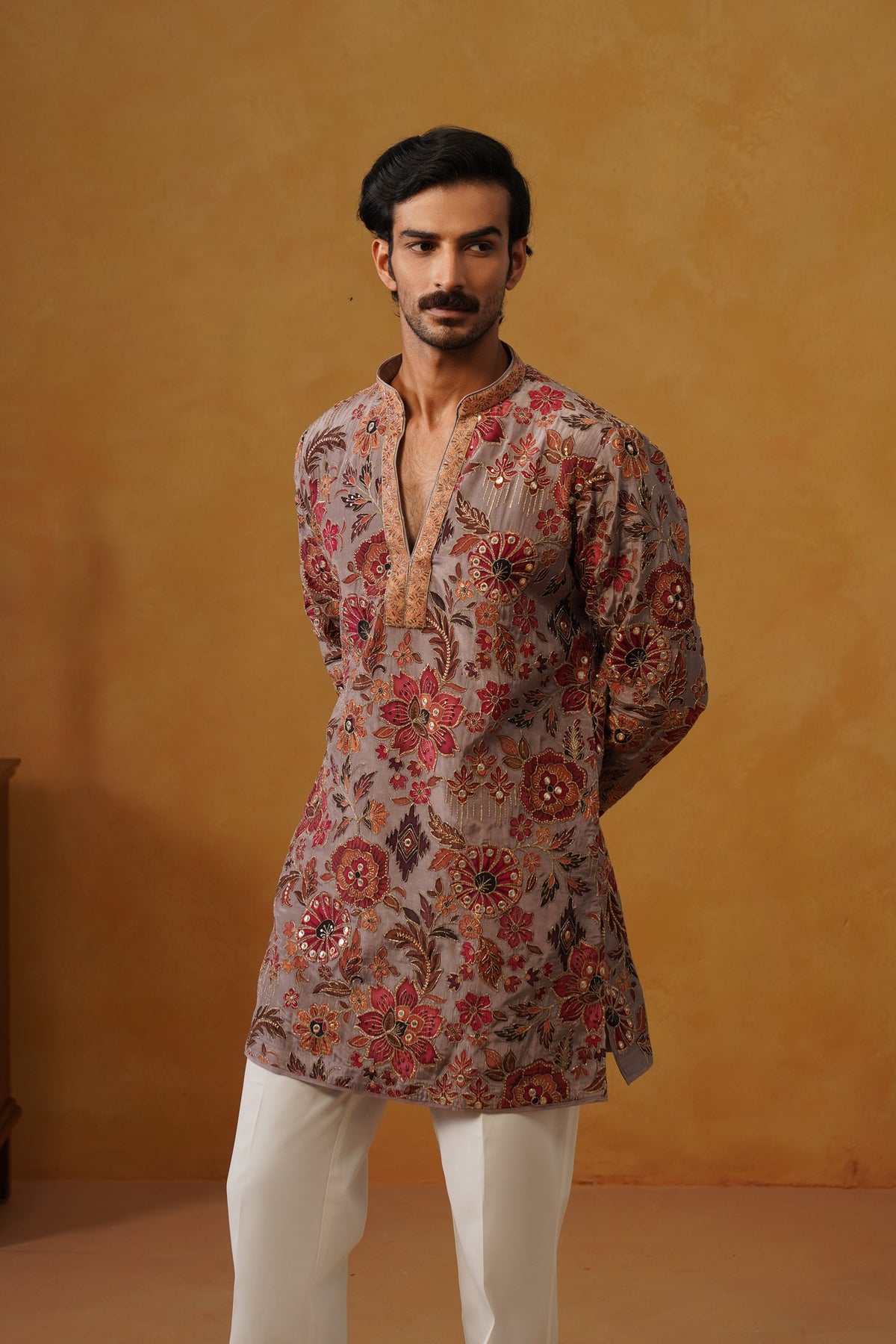 Gulnaar Rose Taupe Hand Embroidered V-Neck Kurta with Trouser