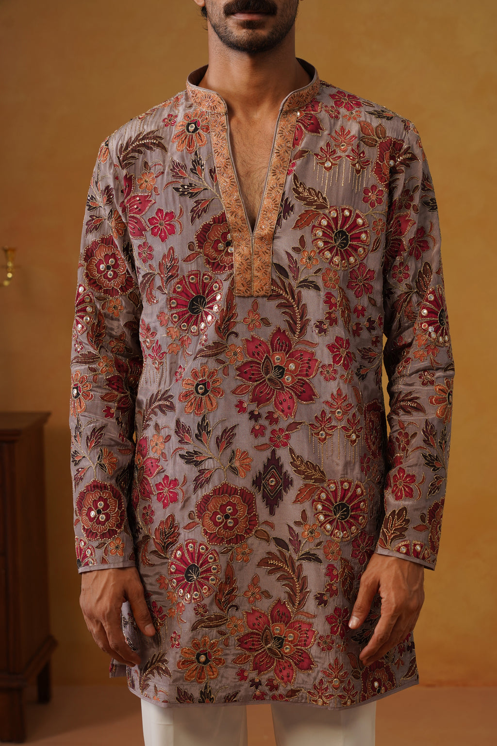 Gulnaar Rose Taupe Hand Embroidered V-Neck Kurta with Trouser