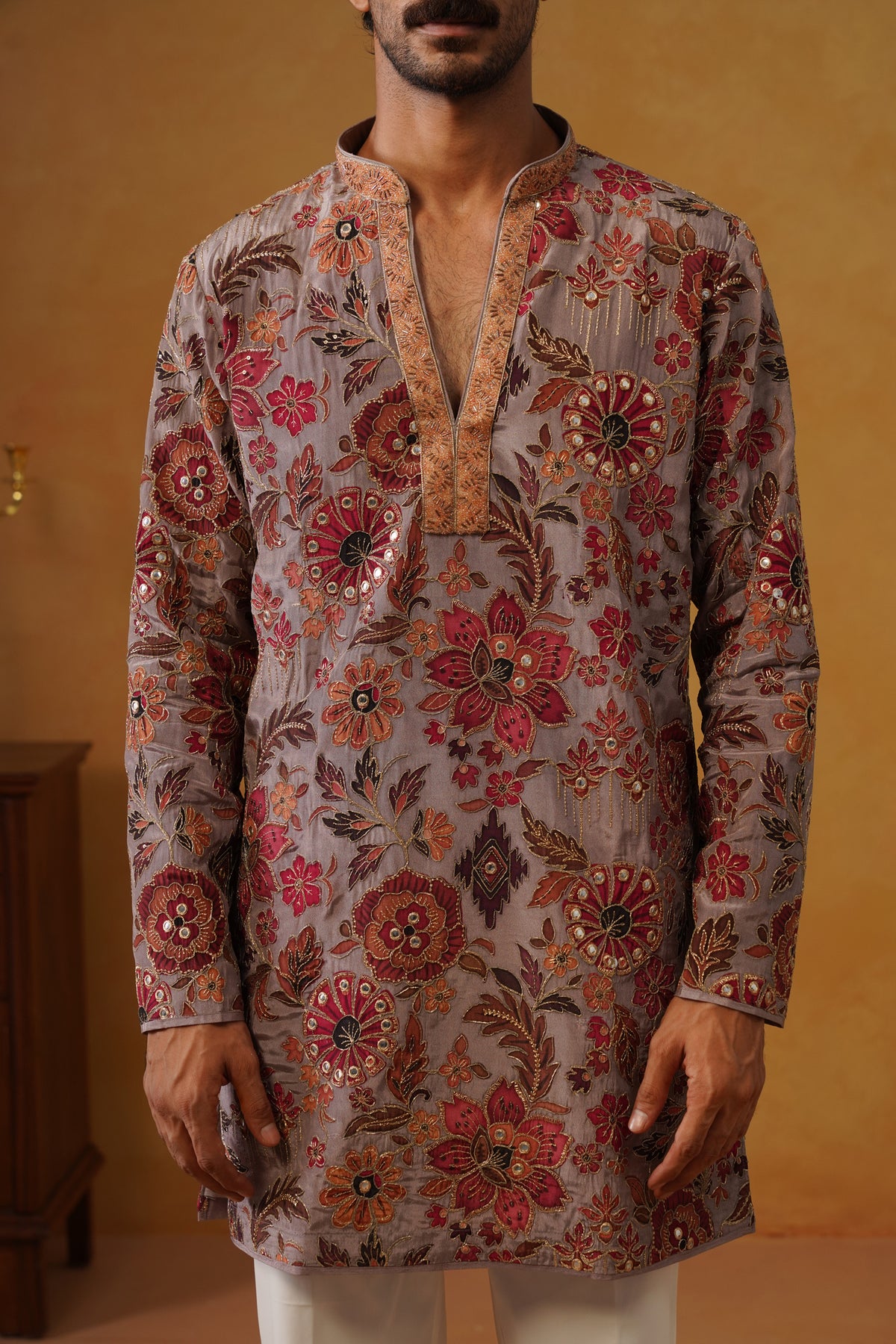 Gulnaar Rose Taupe Hand Embroidered V-Neck Kurta with Trouser