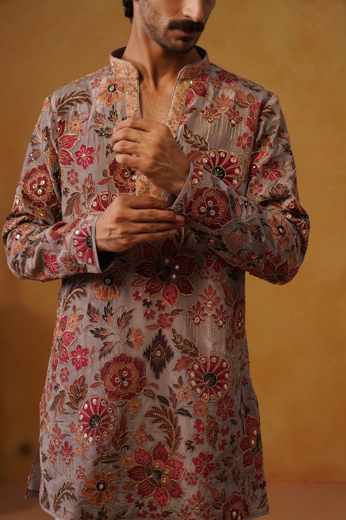 Gulnaar Rose Taupe Hand Embroidered V-Neck Kurta with Trouser