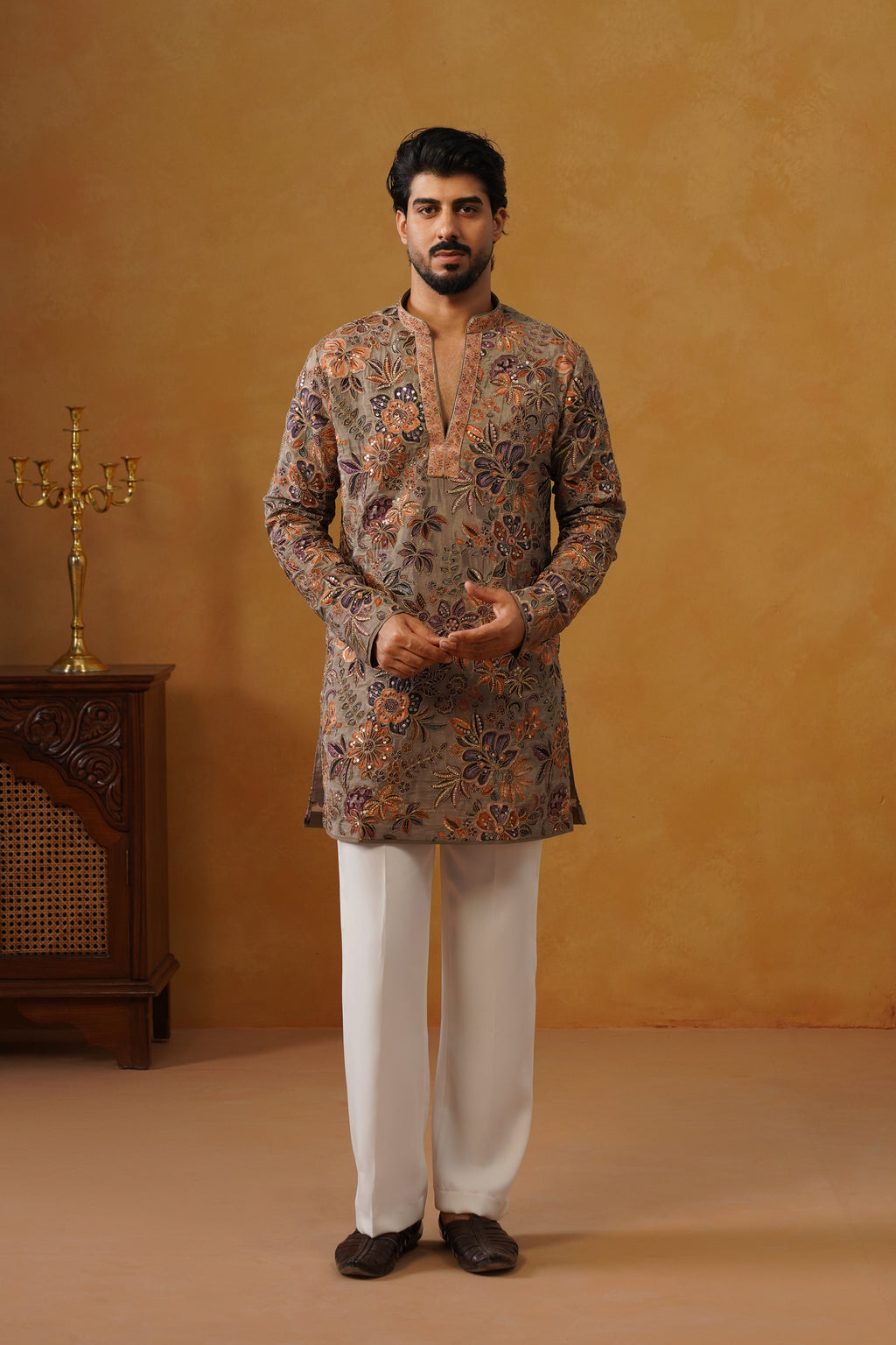 Gulrang — Ash Taupe Hand Embroidered V-Neck Kurta with Trouser