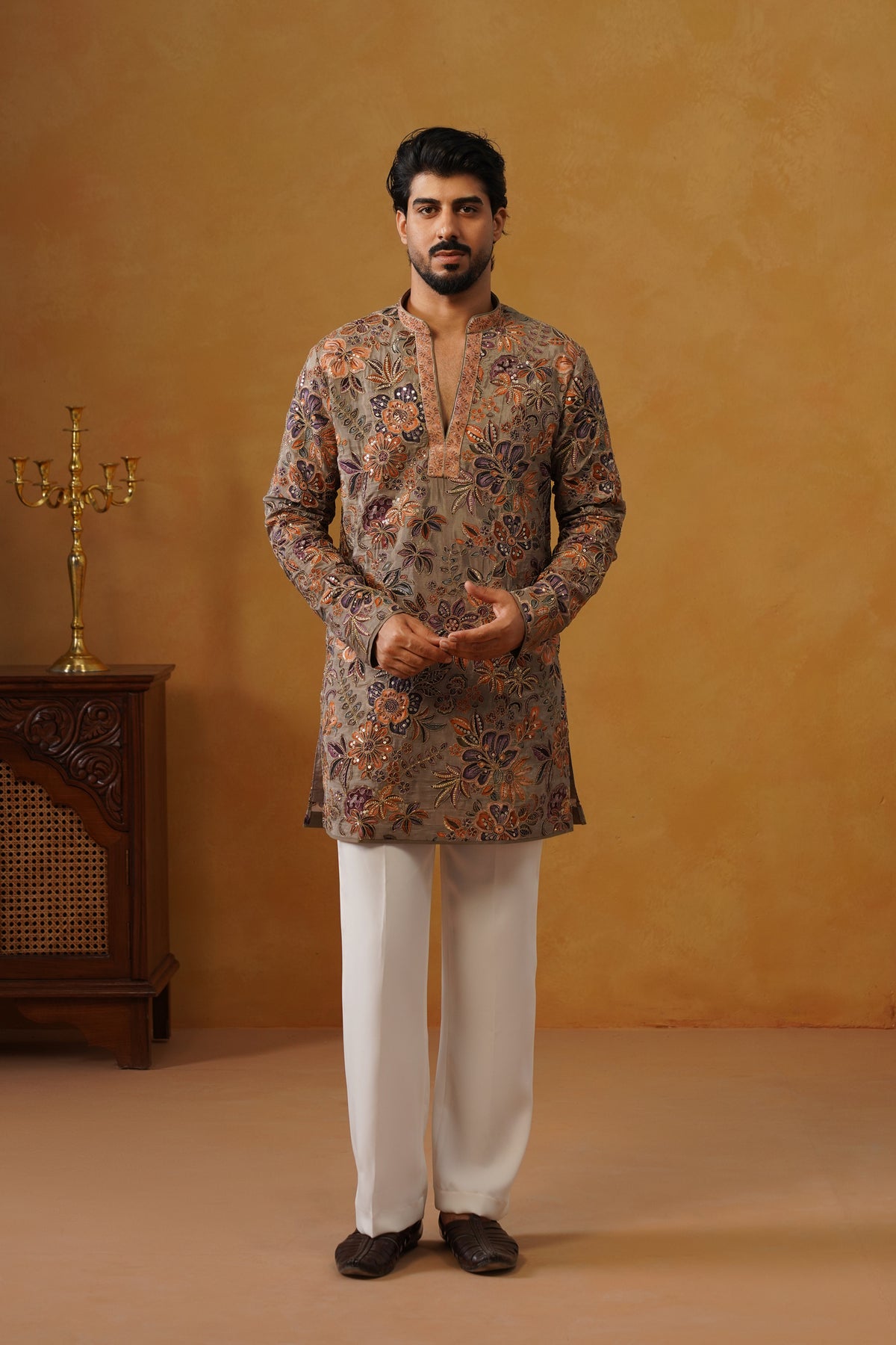 Gulrang — Ash Taupe Hand Embroidered V-Neck Kurta with Trouser