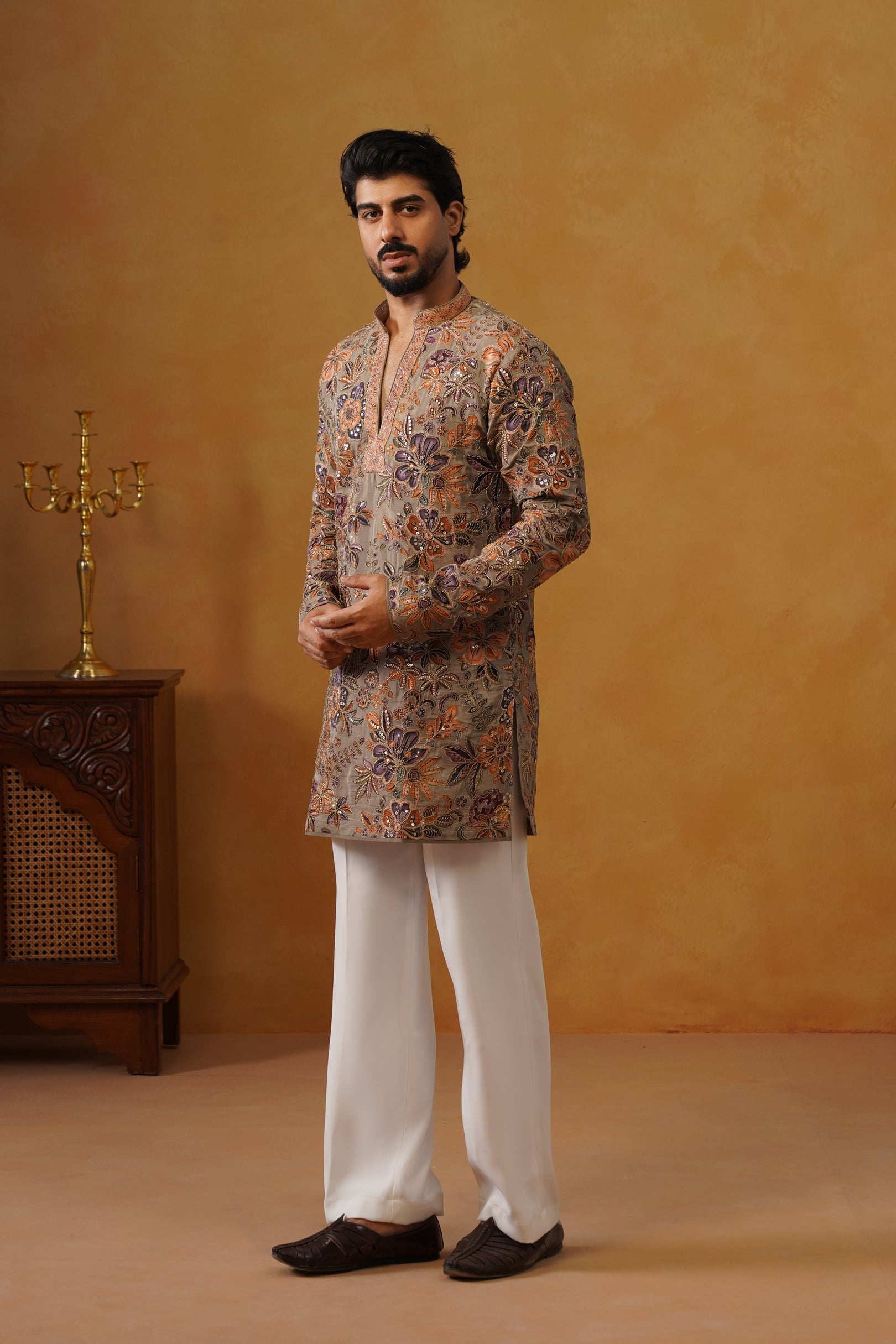 Gulrang — Ash Taupe Hand Embroidered V-Neck Kurta with Trouser