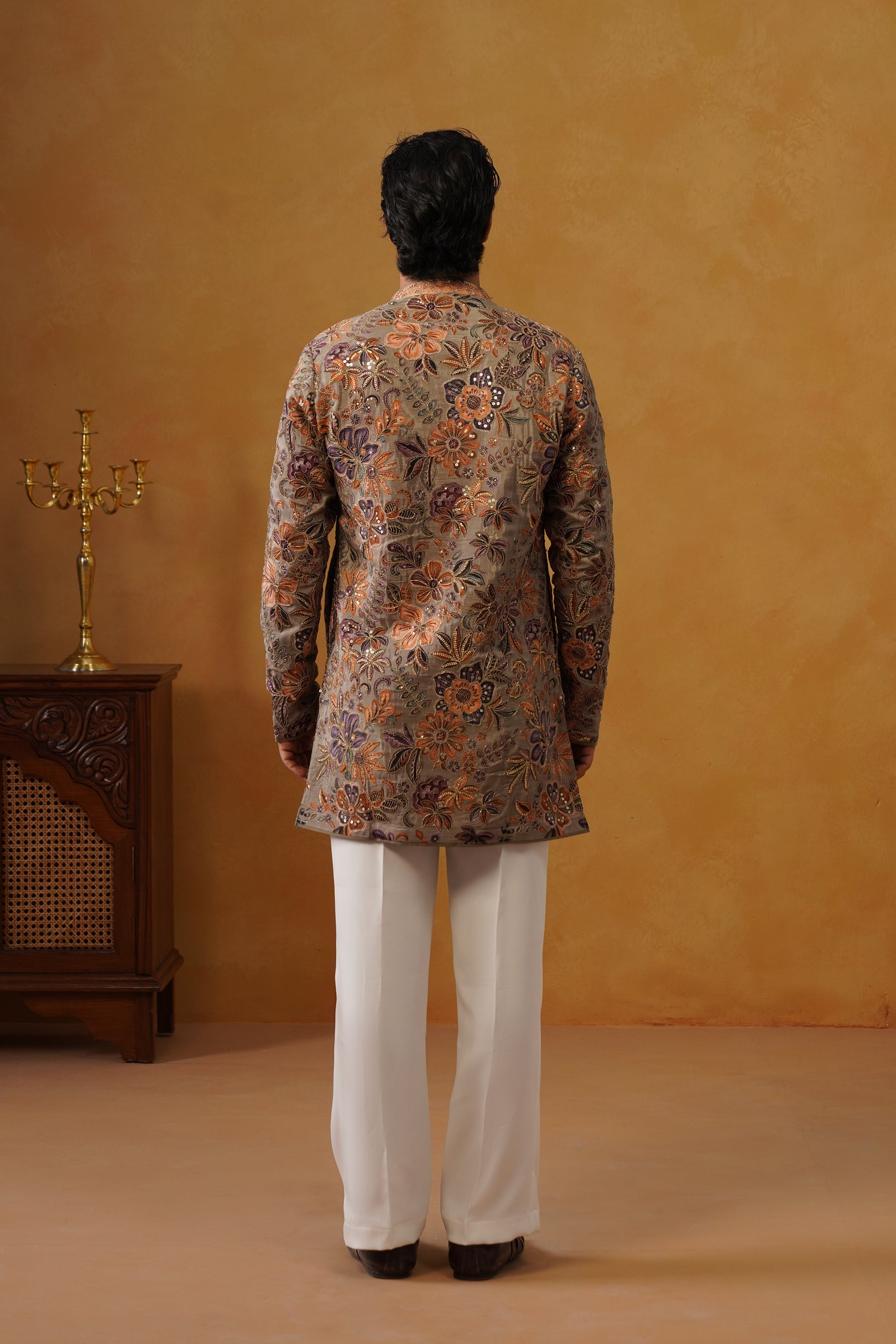 Gulrang — Ash Taupe Hand Embroidered V-Neck Kurta with Trouser