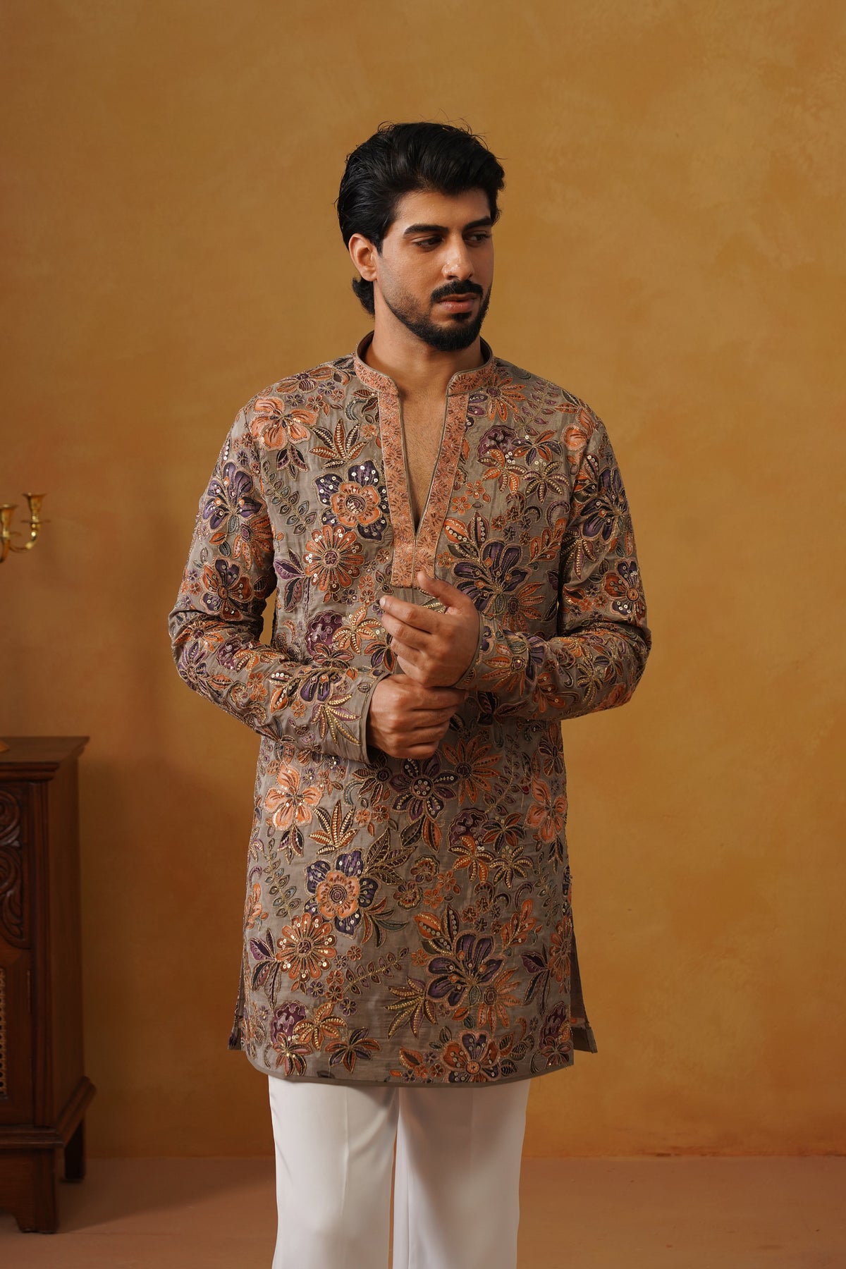 Gulrang — Ash Taupe Hand Embroidered V-Neck Kurta with Trouser