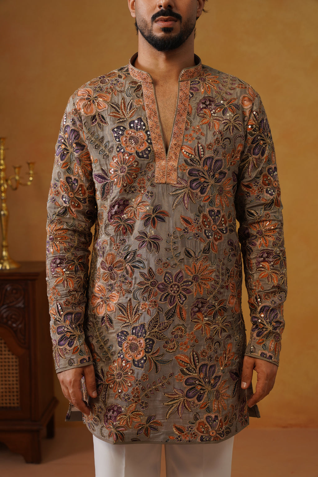 Gulrang — Ash Taupe Hand Embroidered V-Neck Kurta with Trouser
