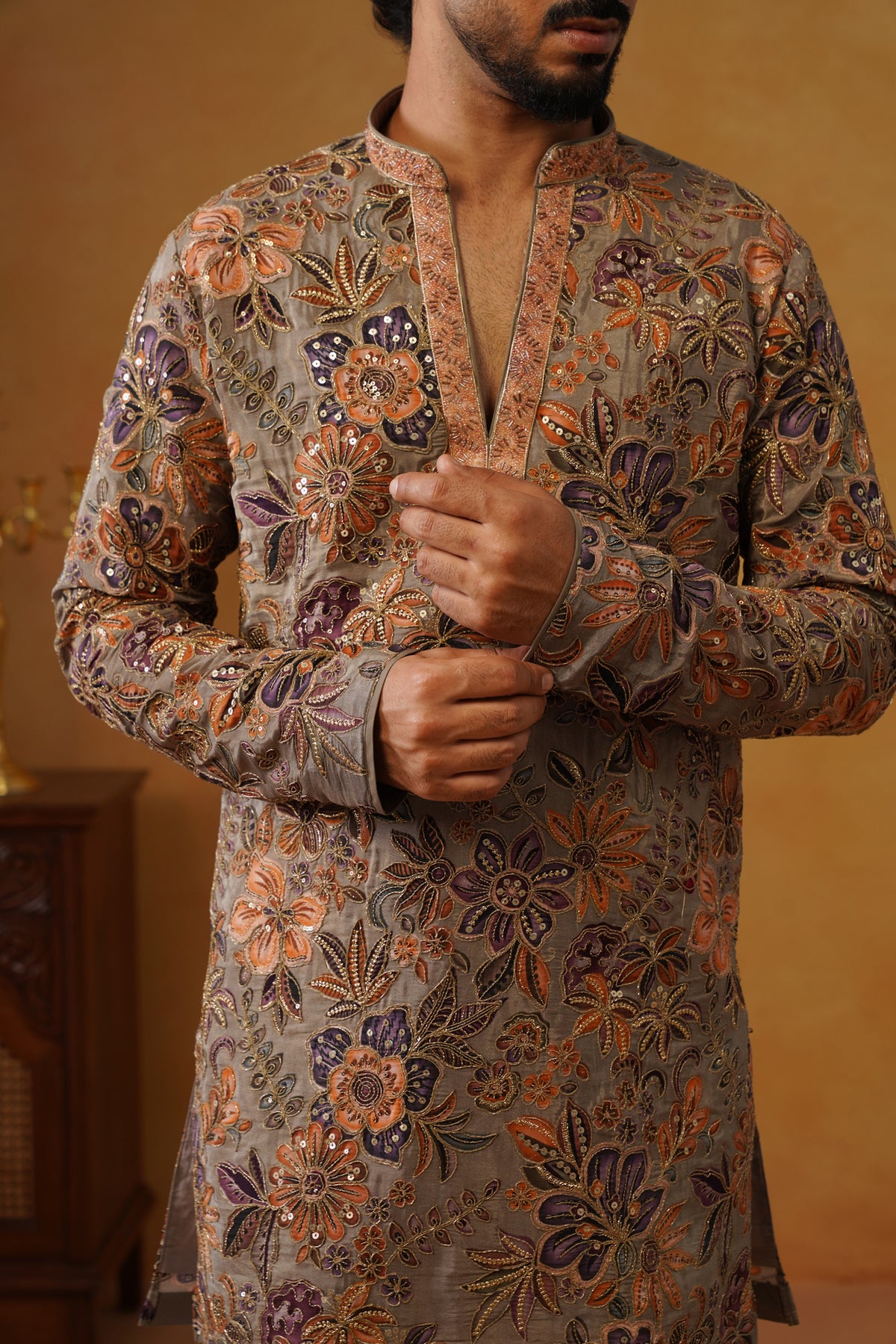Gulrang — Ash Taupe Hand Embroidered V-Neck Kurta with Trouser