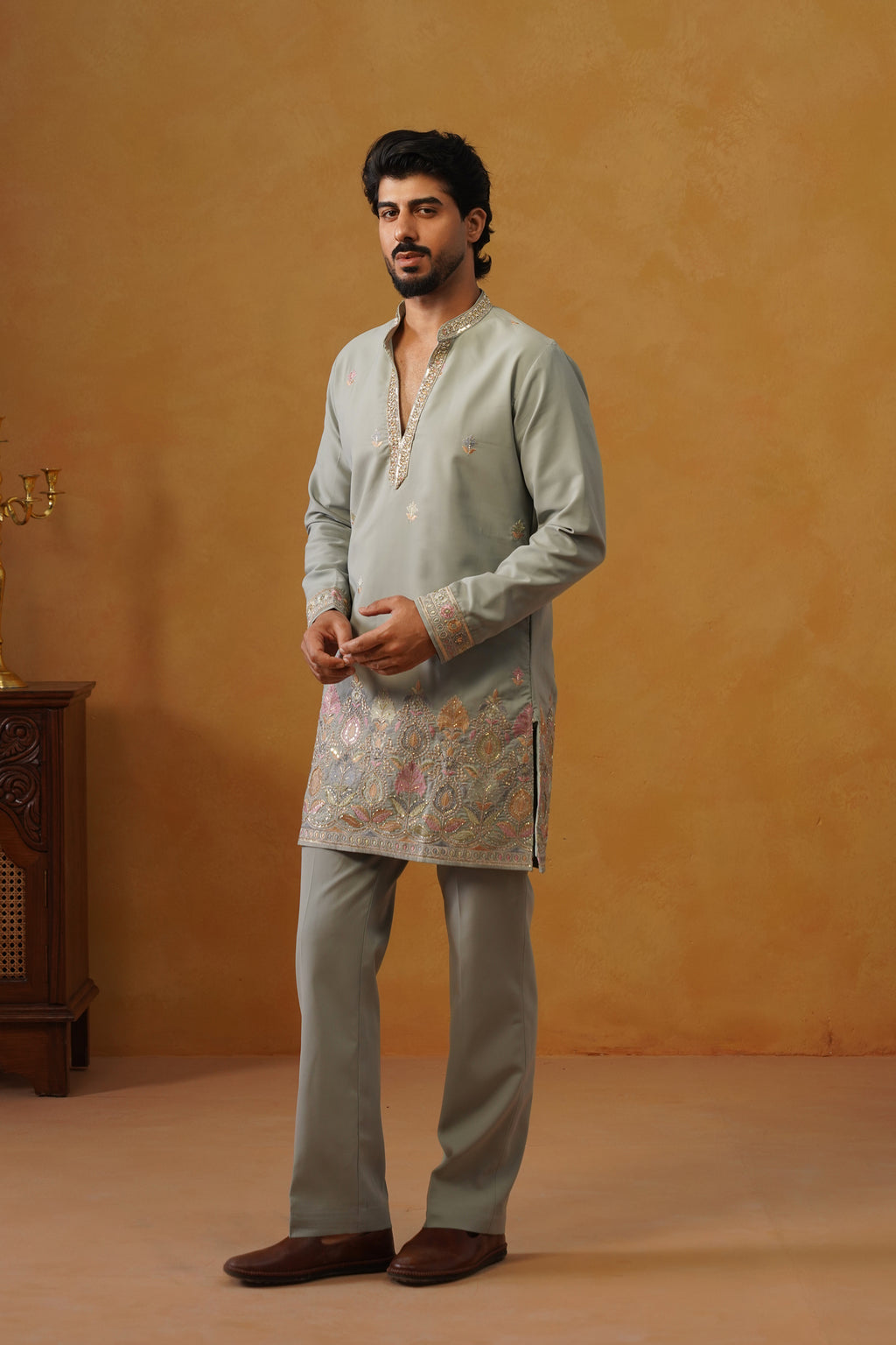 Viraj Sage Green V-Neck Kurta Set with Dupatta