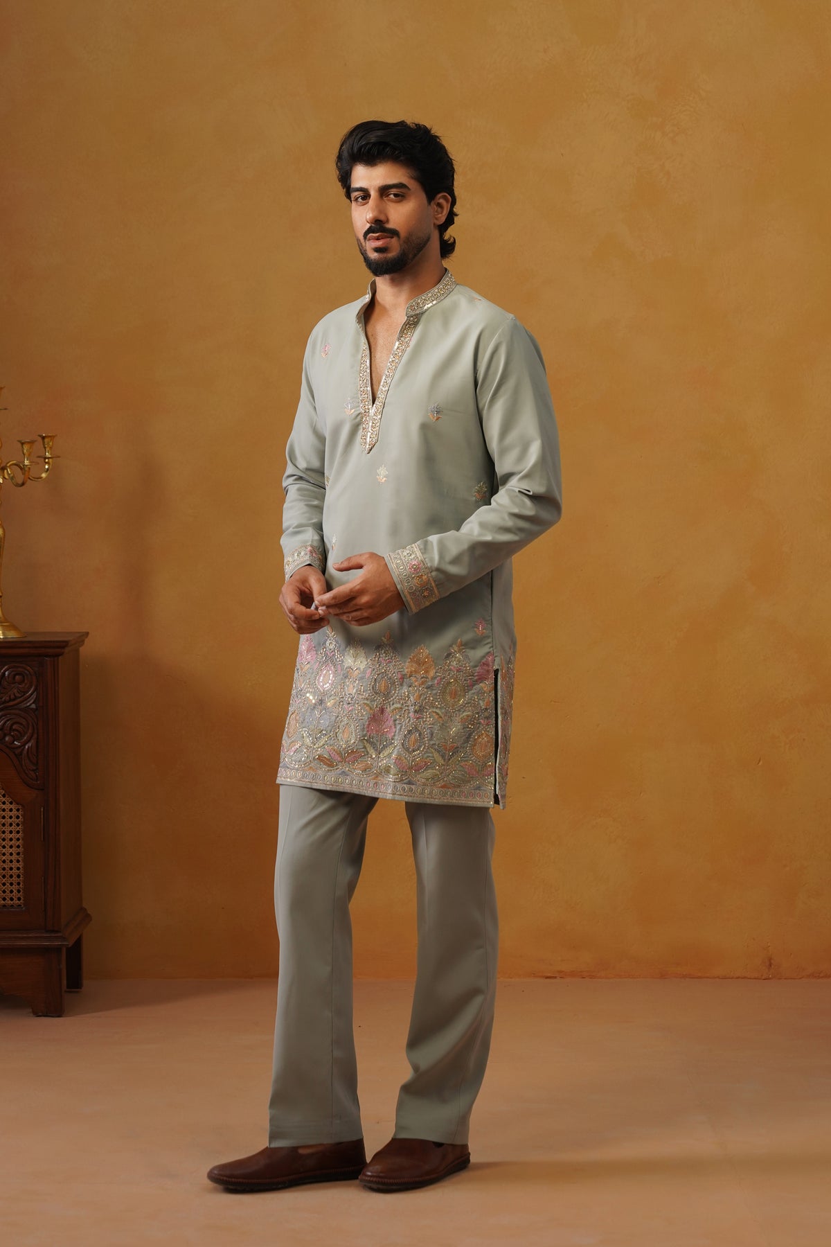 Viraj Sage Green V-Neck Kurta Set with Dupatta