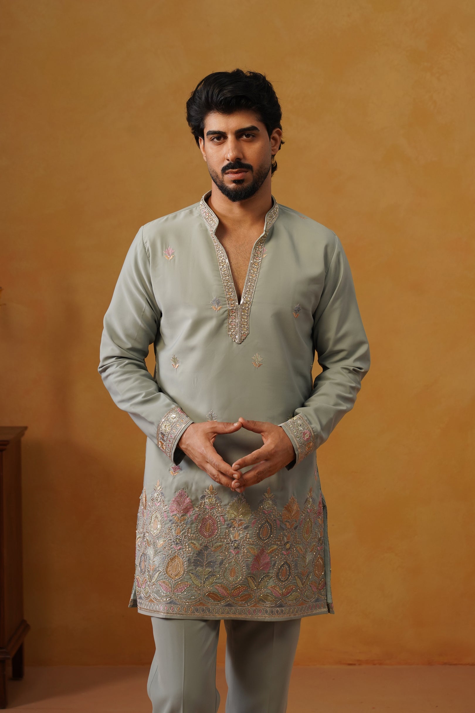 Viraj Sage Green V-Neck Kurta Set with Dupatta