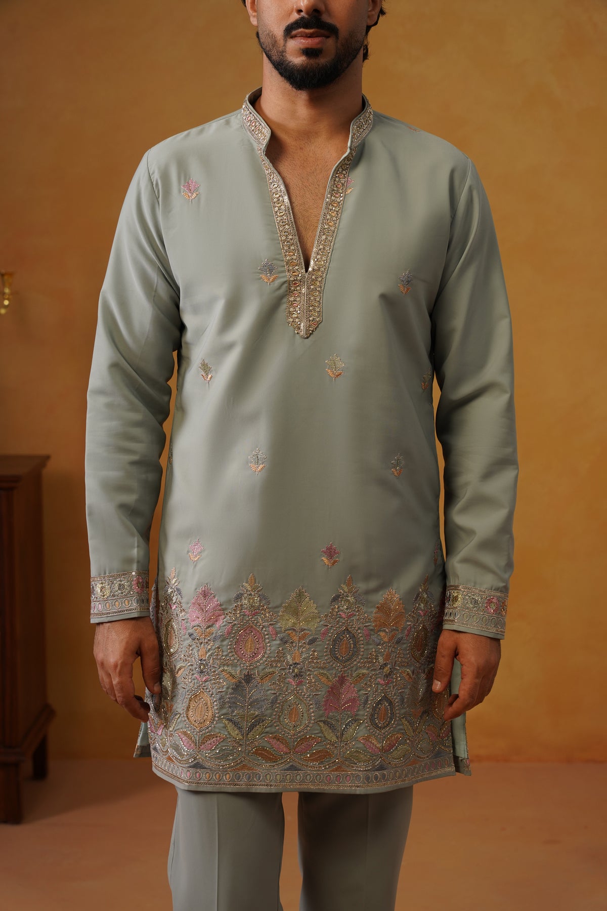 Viraj Sage Green V-Neck Kurta Set with Dupatta