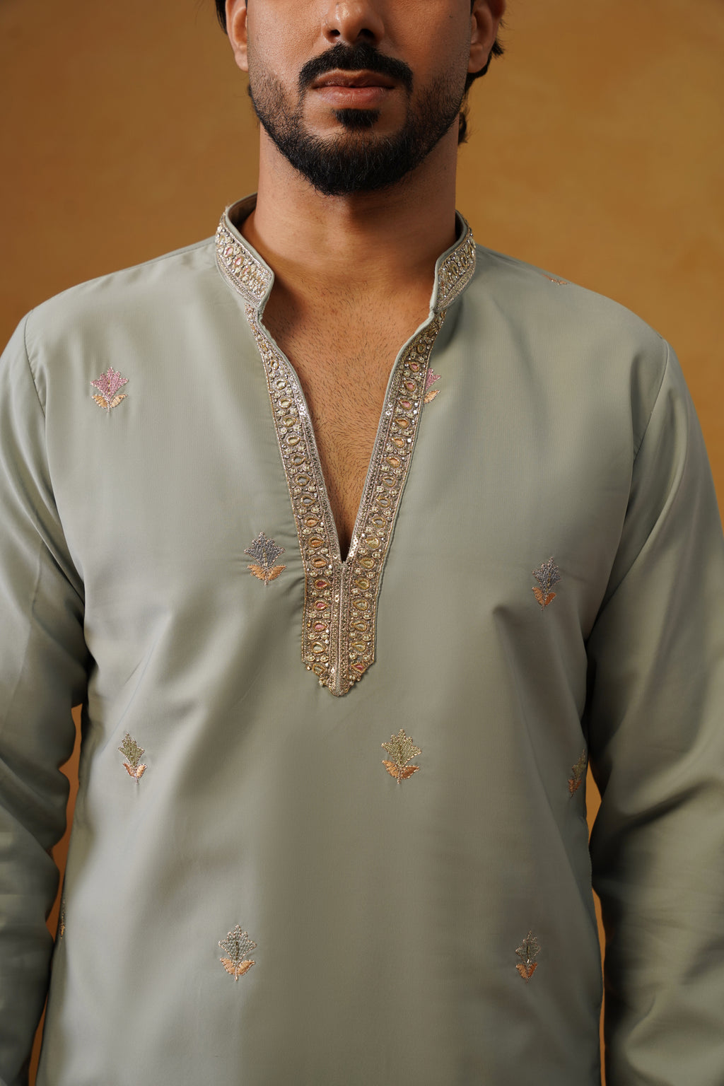 Viraj Sage Green V-Neck Kurta Set with Dupatta