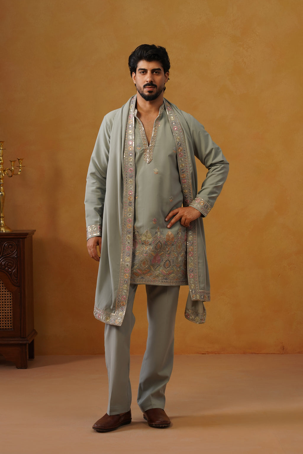 Viraj Sage Green V-Neck Kurta Set with Dupatta