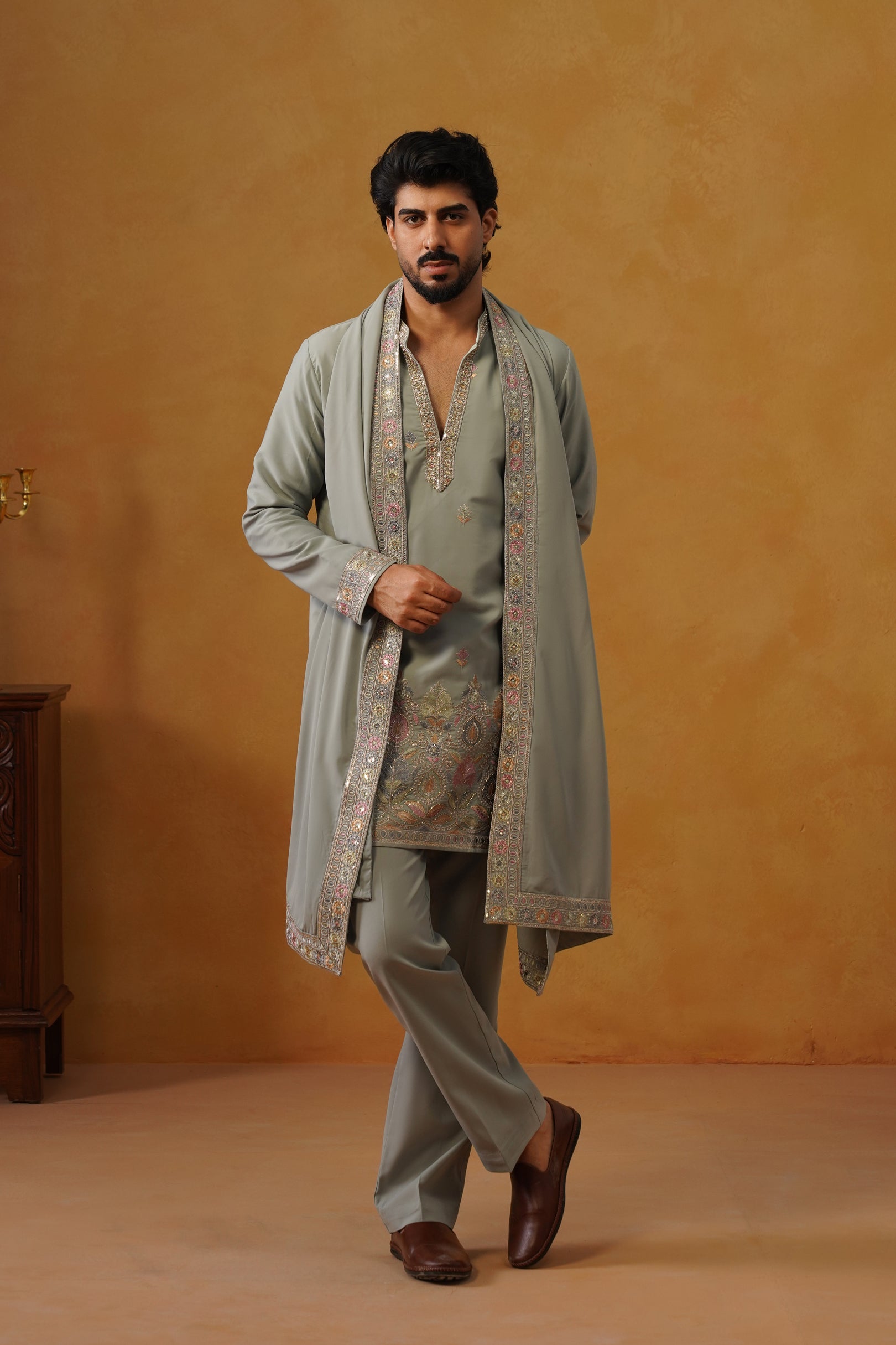 Viraj Sage Green V-Neck Kurta Set with Dupatta