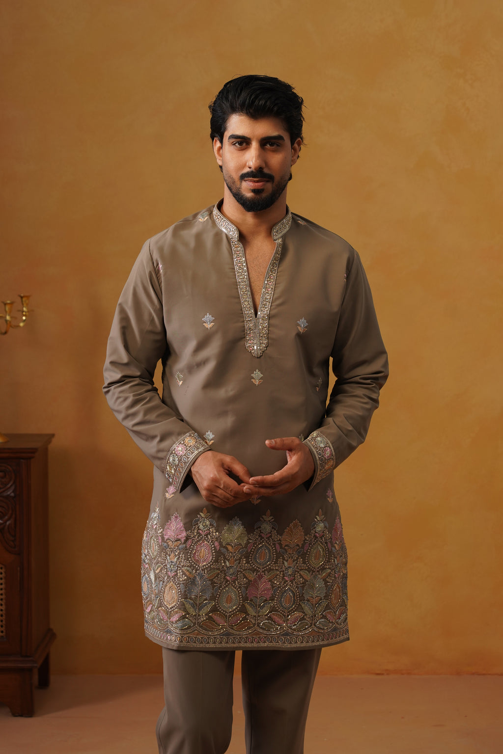 Viraj Stone Grey V-Neck Kurta Set with Dupatta