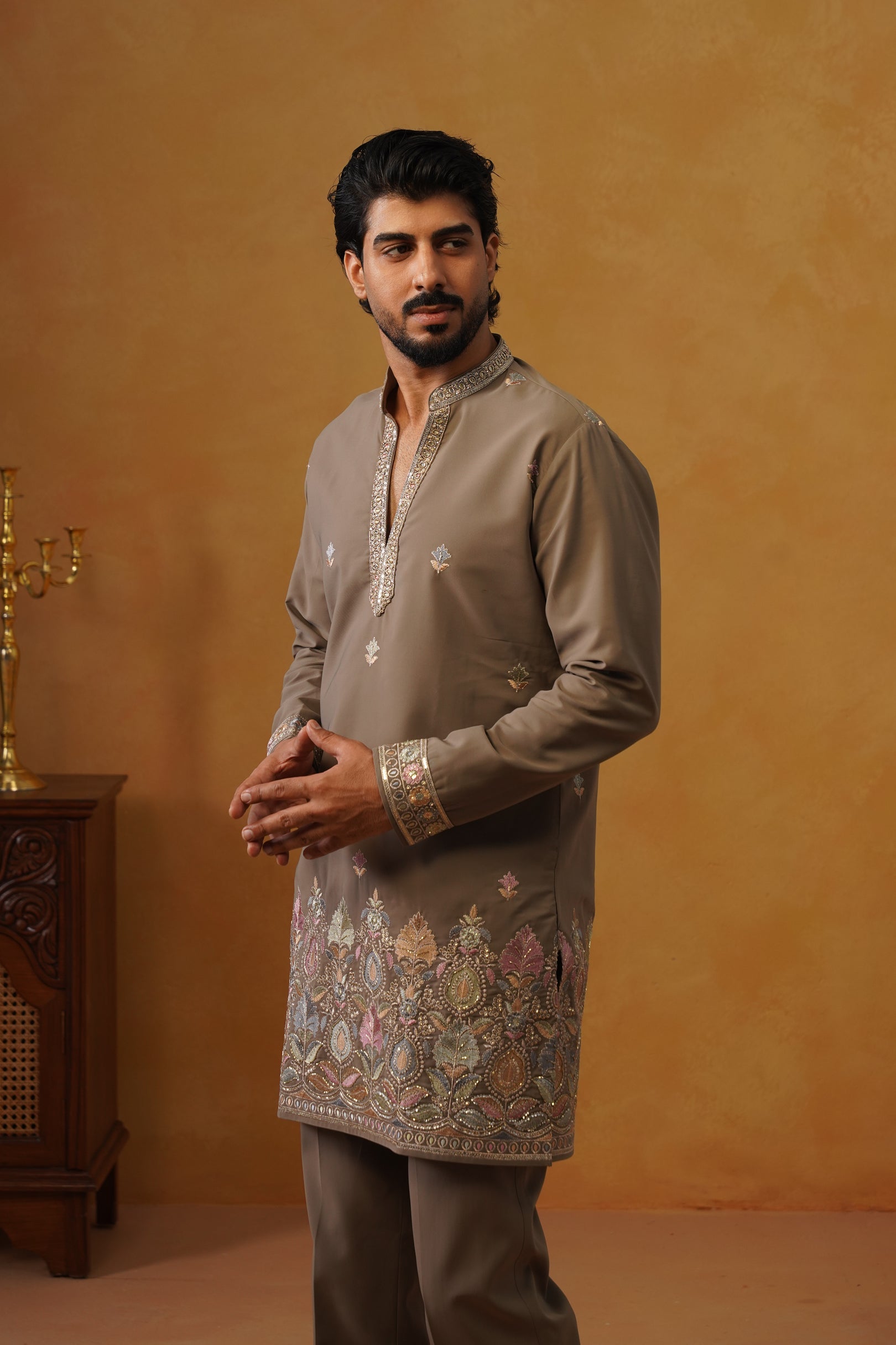 Viraj Stone Grey V-Neck Kurta Set with Dupatta
