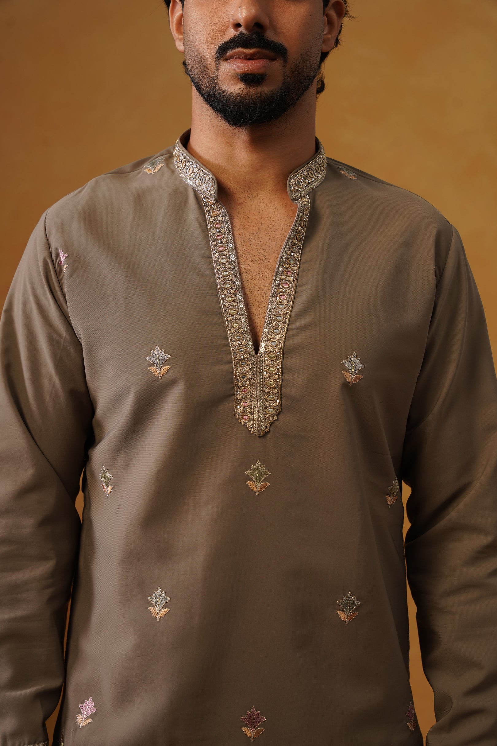 Viraj Stone Grey V-Neck Kurta Set with Dupatta