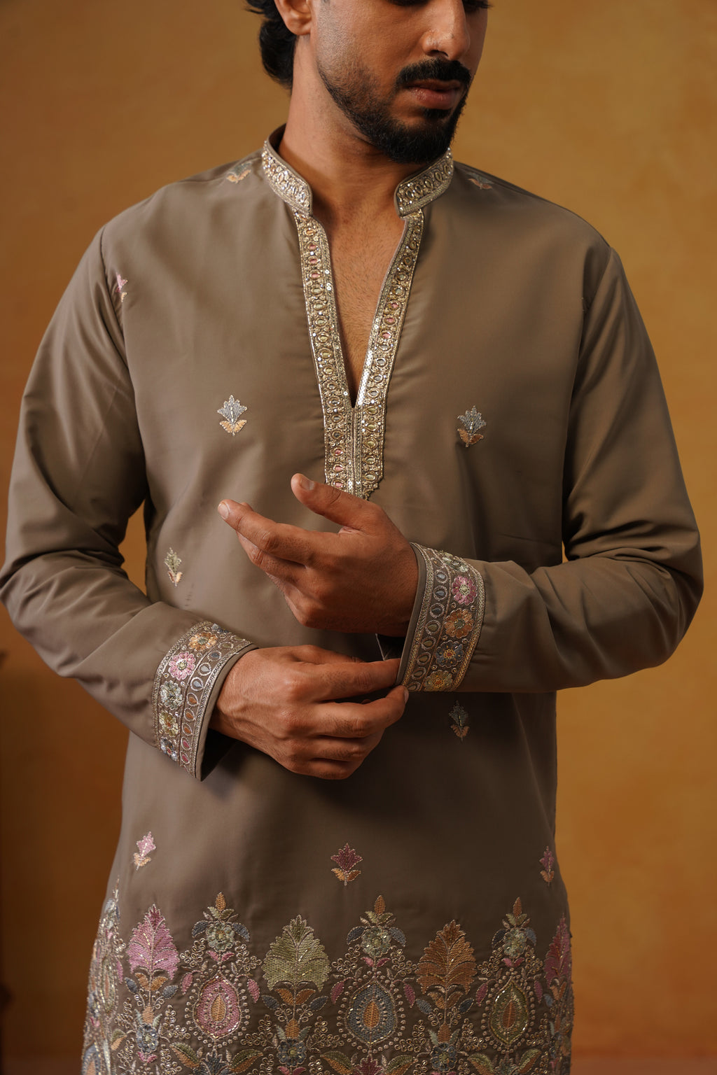 Viraj Stone Grey V-Neck Kurta Set with Dupatta