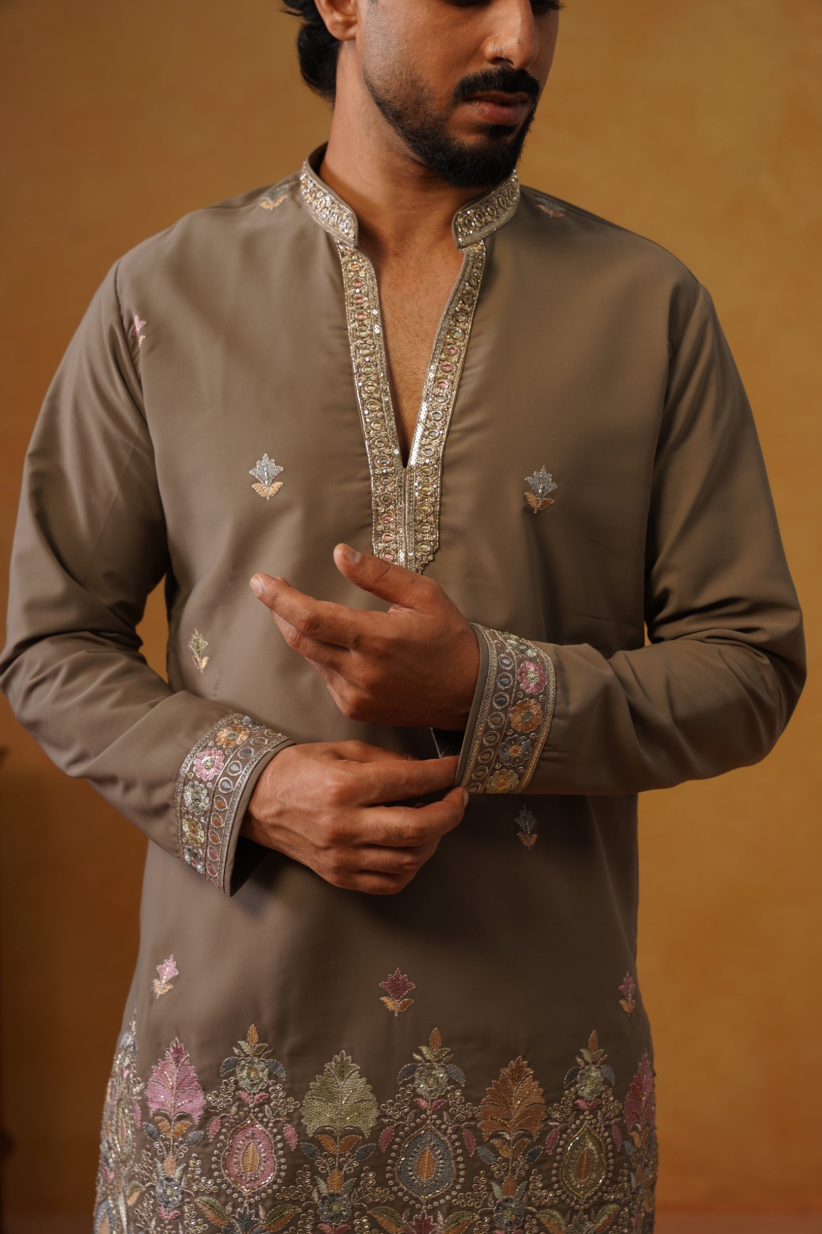Viraj Stone Grey V-Neck Kurta Set with Dupatta