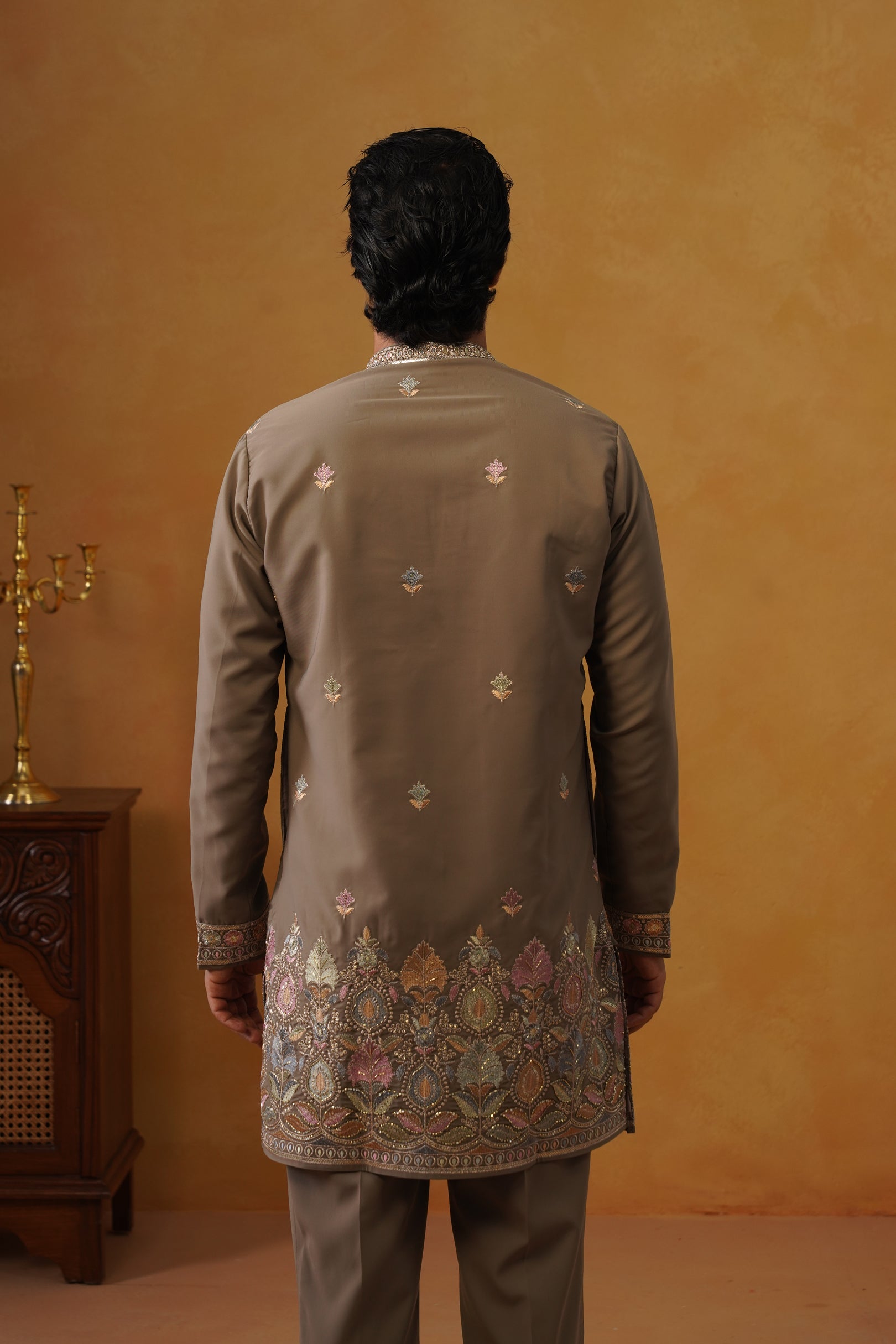 Viraj Stone Grey V-Neck Kurta Set with Dupatta