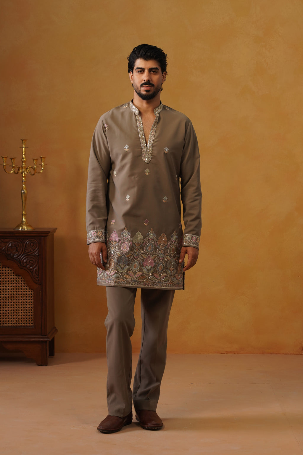 Viraj Stone Grey V-Neck Kurta Set with Dupatta