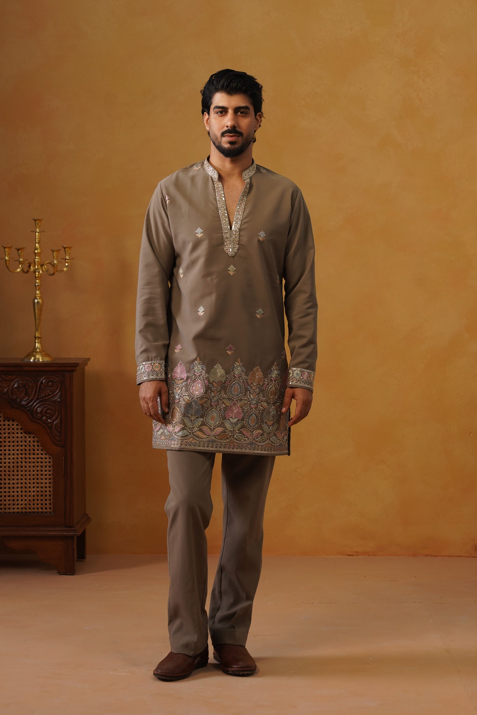 Viraj Stone Grey V-Neck Kurta Set with Dupatta