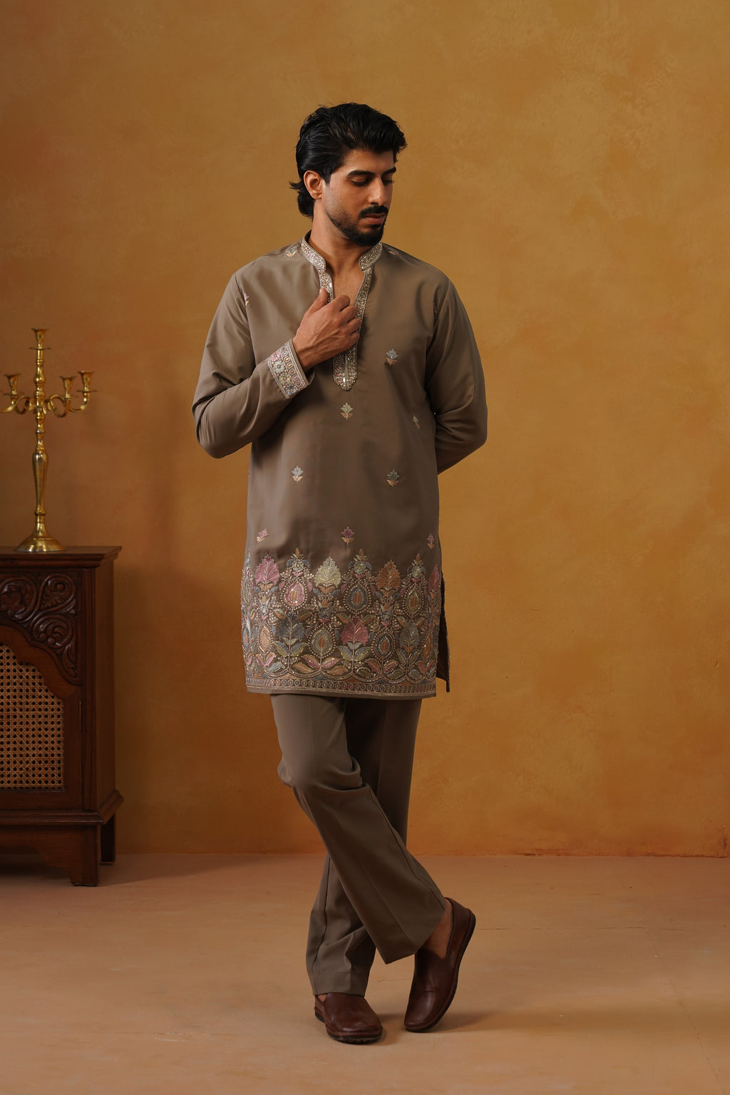 Viraj Stone Grey V-Neck Kurta Set with Dupatta