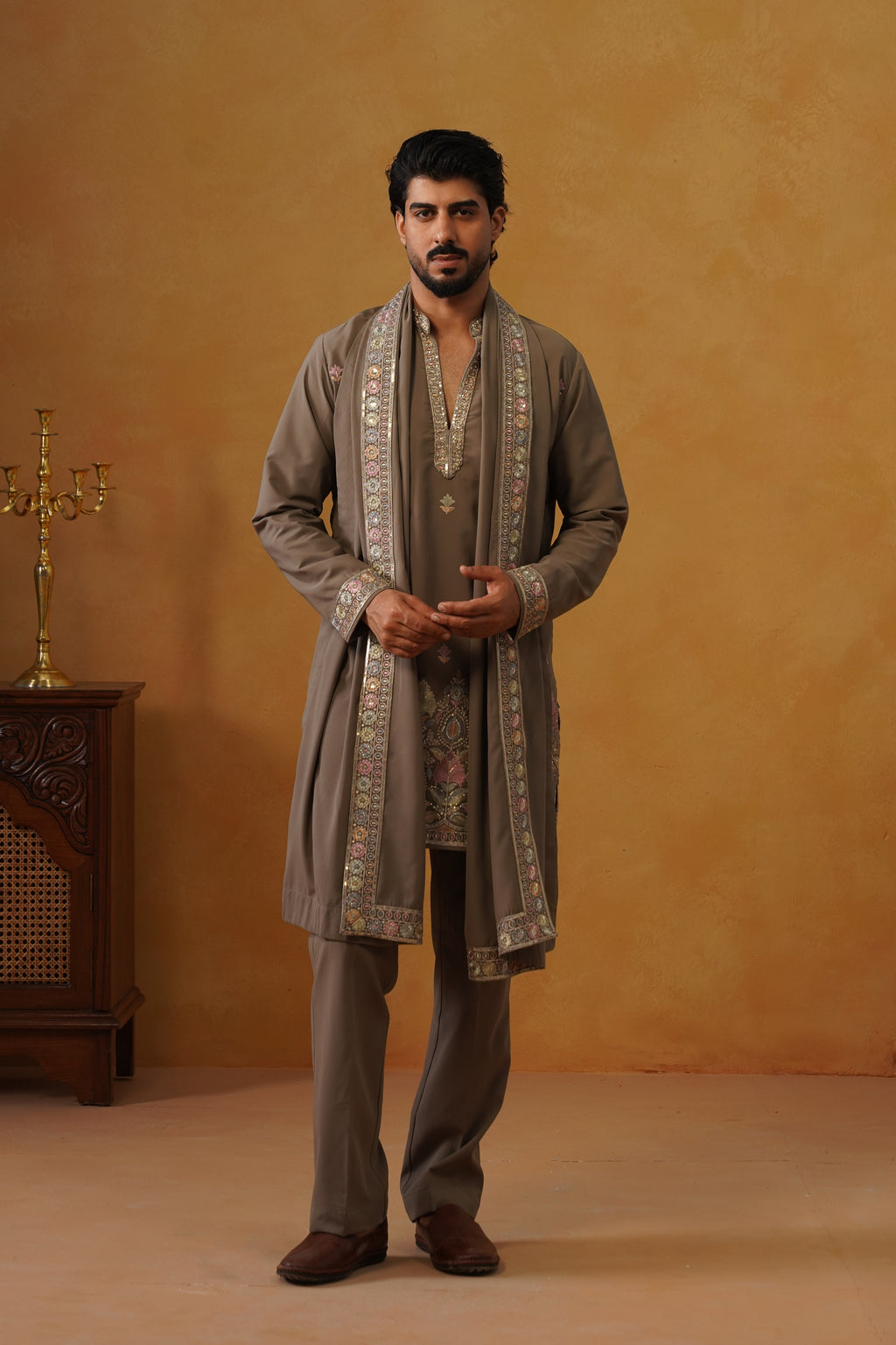 Viraj Stone Grey V-Neck Kurta Set with Dupatta